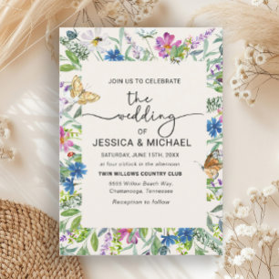 Wildflowers Butterflies Frame Handwritten Invitation