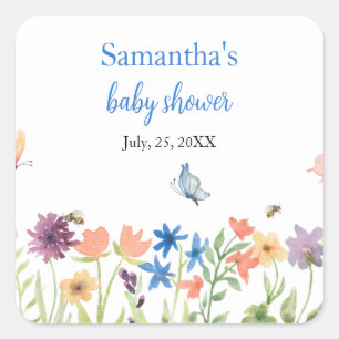 wildflowers butterflies garden blue baby shower  square sticker