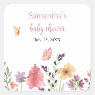 wildflowers butterflies garden pink baby shower square sticker