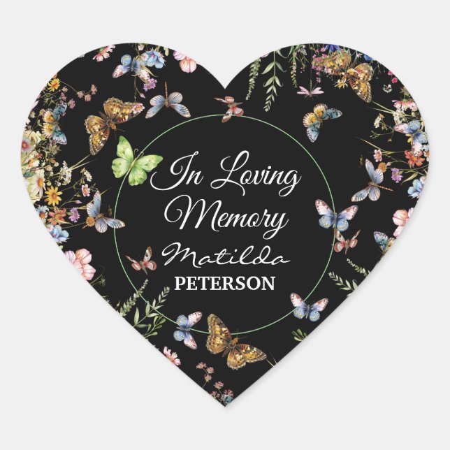 Wildflowers Butterflies Greenery Funeral  Heart Sticker (Front)