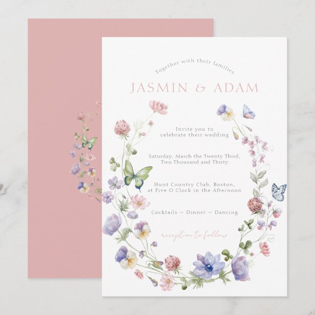Wildflowers Butterflies Pink Wedding Invitation (Front/Back)