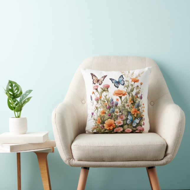 Wildflowers Butterflies Watercolor Garden Flowers Cushion (Chair)