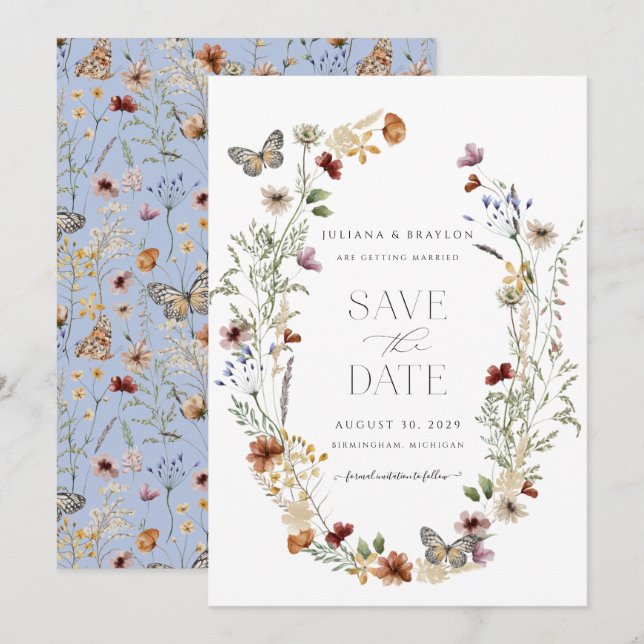 Wildflowers Butterfly Elegant Floral Save The Date (Front/Back)