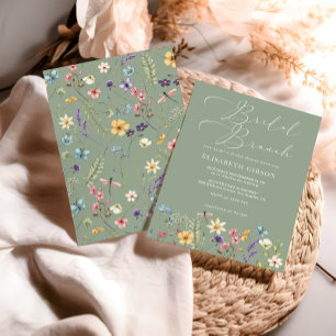 Wildflowers & Butterfly Sage Green Bridal Brunch Invitation