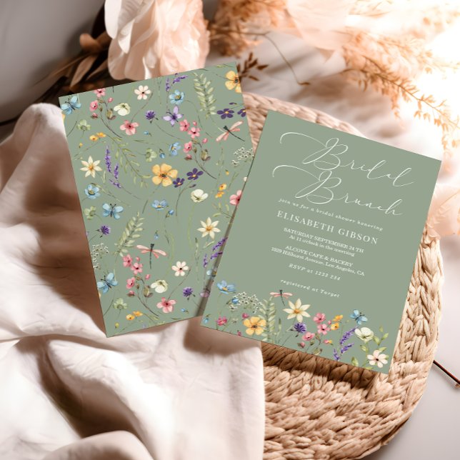 Wildflowers & Butterfly Sage Green Bridal Brunch Invitation (Creator Uploaded)
