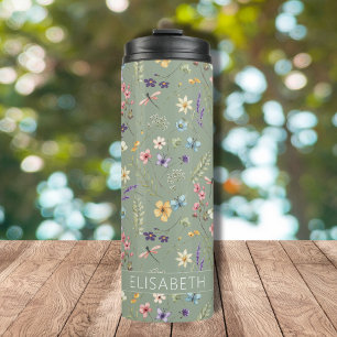 Wildflowers & Butterfly Sage Green Name Thermal Tumbler