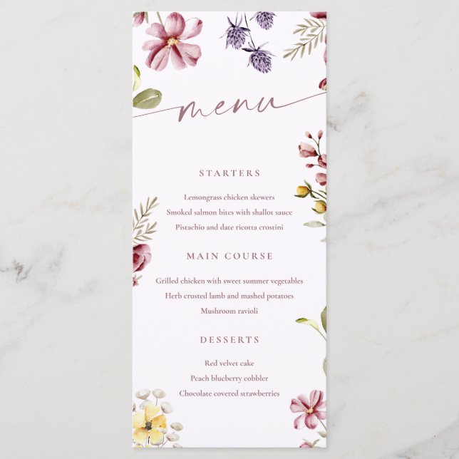 Wildflowers Calligraphy Floral Menu Card (Front)