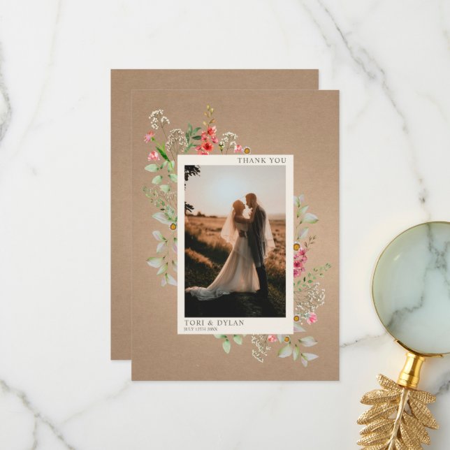 Wildflowers Cardstock Boho Botanical Wedding Photo Thank You Card (Front/Back In Situ)