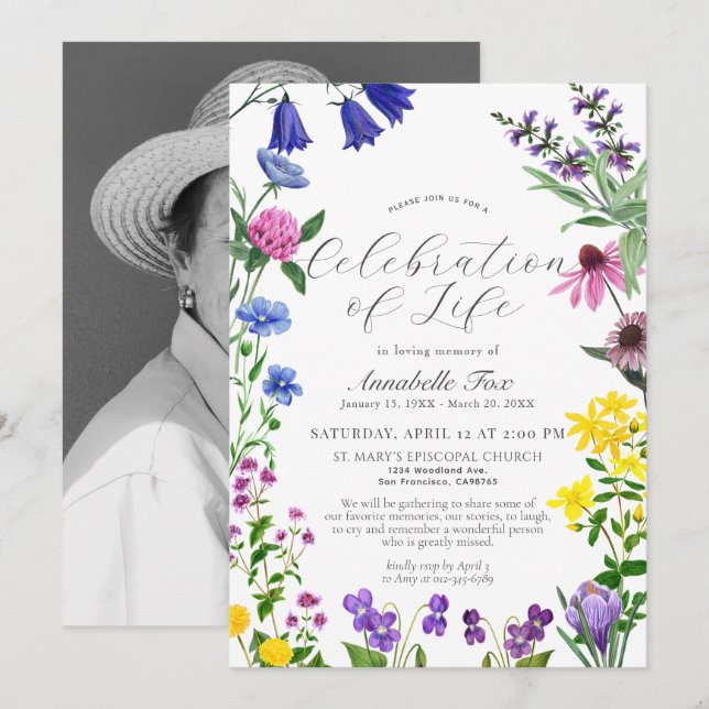 Wildflowers Celebration of Life Funeral Memorial Invitation (Front/Back)