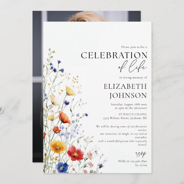 Wildflowers Celebration of Life Funeral Photo Invitation (Front/Back)