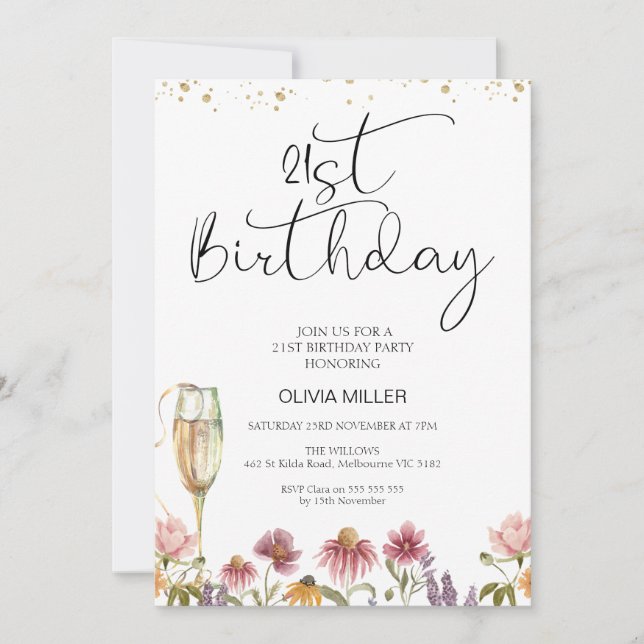 Wildflowers Champagne Glass 21st Birthday Invitation (Front)