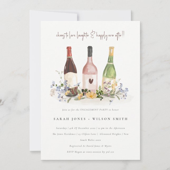Wildflowers Cheers to Love Wine Bottles Engagement Invitation (Front)