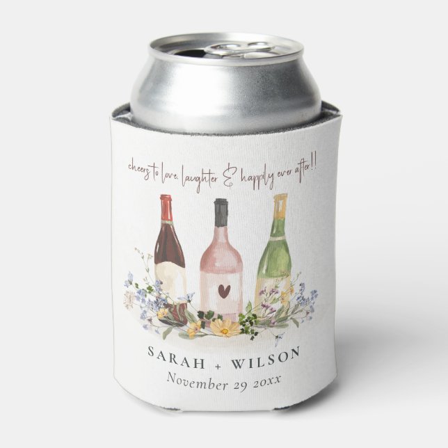 Wildflowers Cheers to Love Wine Bottles Wedding Can Cooler (Can Front)