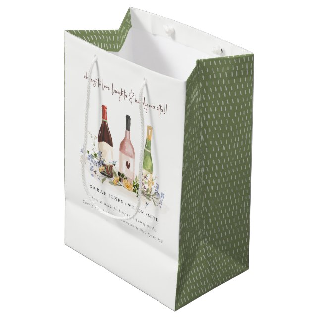 Wildflowers Cheers to Love Wine Bottles Wedding Medium Gift Bag (Front Angled)