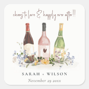 Wildflowers Cheers to Love Wine Bottles Wedding Square Sticker