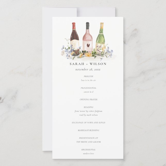 Wildflowers Cheers Wine Bottles Wedding Program Thank You Card (Front)