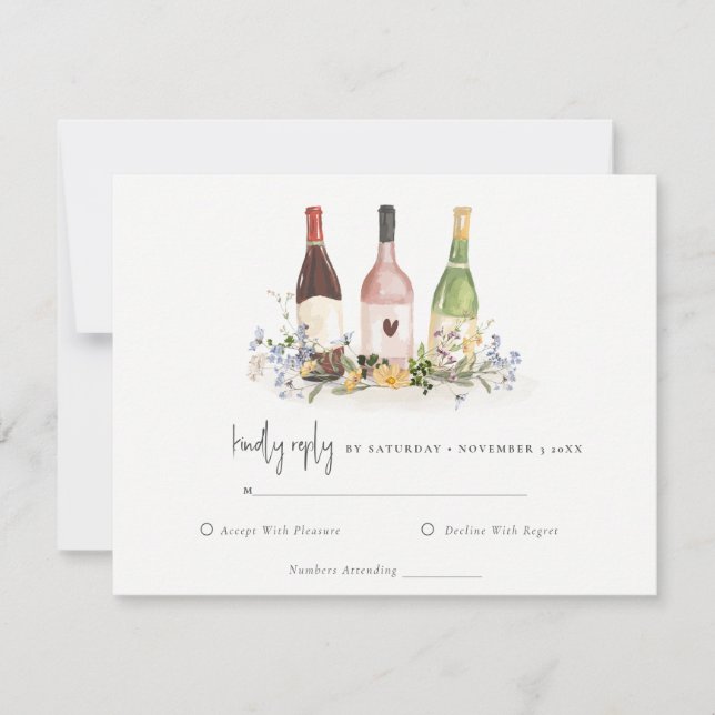 Wildflowers Cheers Wine Bottles Wedding Reception RSVP Card (Front)
