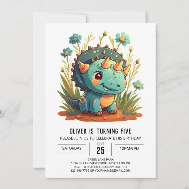  Wildflowers Chic Dinosaur Boy Birthday Invitation (Front)