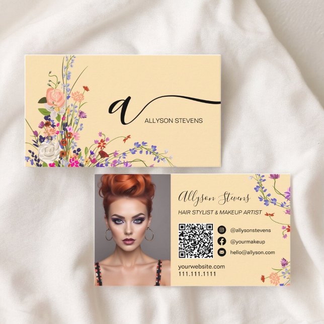 Wildflowers chic hair makeup photo initial qr code business card (Wildflowers chic hair makeup photo initial qr code business card on peach)