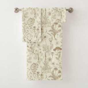 Wildflowers collage/ beige and sepia bath towel set