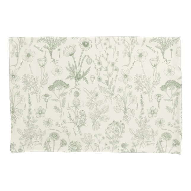 Wildflowers collage/ off white and sage pillowcase (Front-Left)