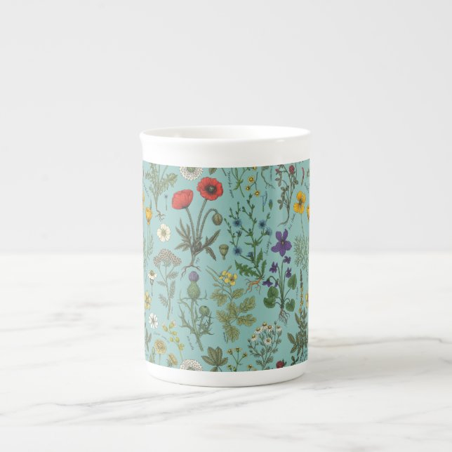 Wildflowers collage on blue bone china mug (Front)