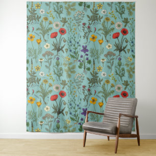 Wildflowers collage on blue tapestry