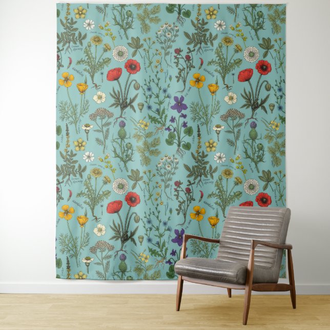 Wildflowers collage on blue tapestry (In Situ)