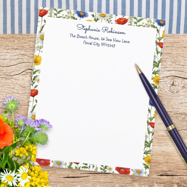 Wildflowers Colourful Floral Border Paper (Beautiful writing paper, personalized with name and address, with a colorful border of wildflowers)