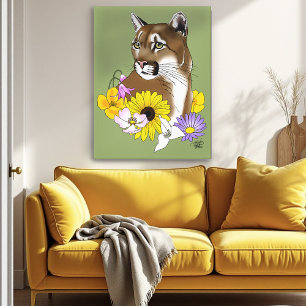 Wildflowers Cougar Mountain Lion Puma  Canvas Print