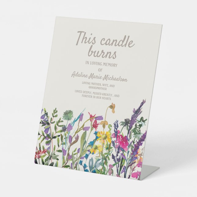 Wildflowers Cream Purple This Candle Burns Memory Pedestal Sign (Front)