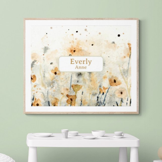 Wildflowers Custom Name Nursery Decor Floral (Customize name! Shown with white mat and wood frame. (You will receive print only) Thank you!)