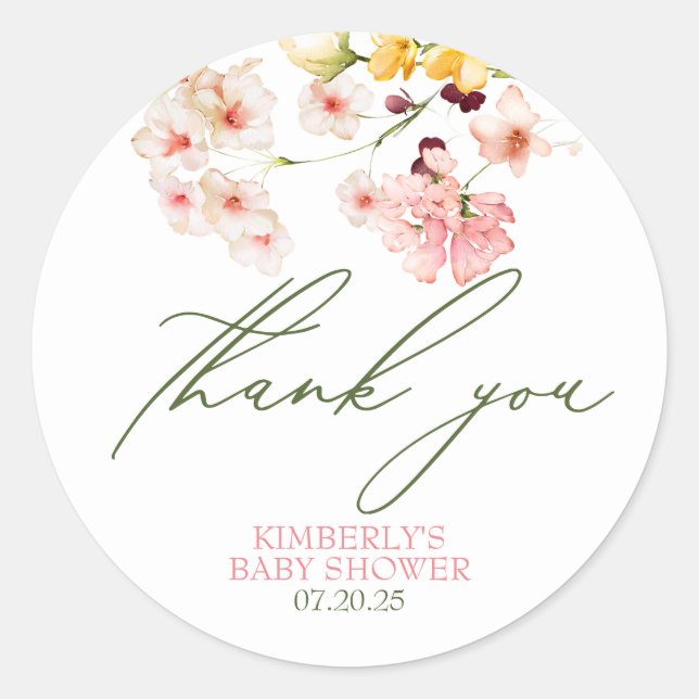 Wildflowers Cute Baby Girl Baby Shower Thank You Classic Round Sticker (Front)