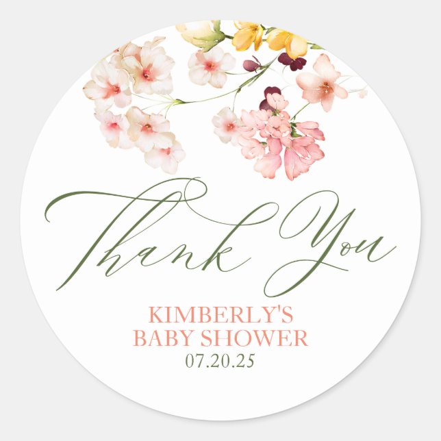 Wildflowers Cute Bridal Shower Thank You Classic Round Sticker (Front)
