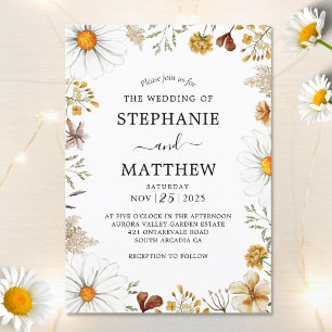 Wildflowers Daisies Botanical Watercolor Wedding Invitation