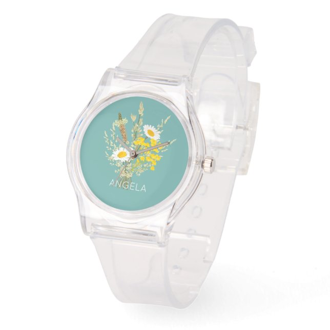 Wildflowers Daisies Floral Bouquet Custom Name  Watch (Angle)