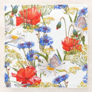 Wildflowers: dark blue watercolor seamless glass coaster