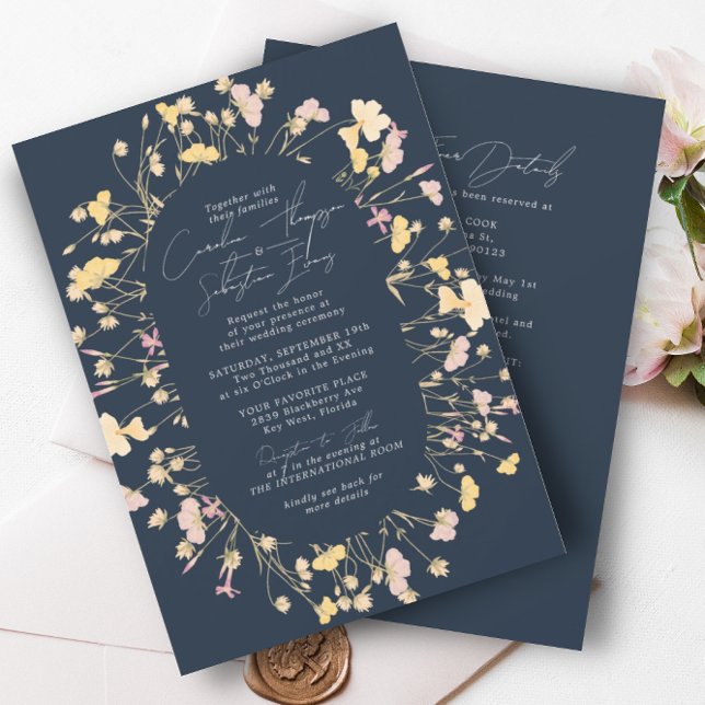 Wildflowers Double Arch Navy RSVP QR Code Wedding  Invitation (Creator Uploaded)
