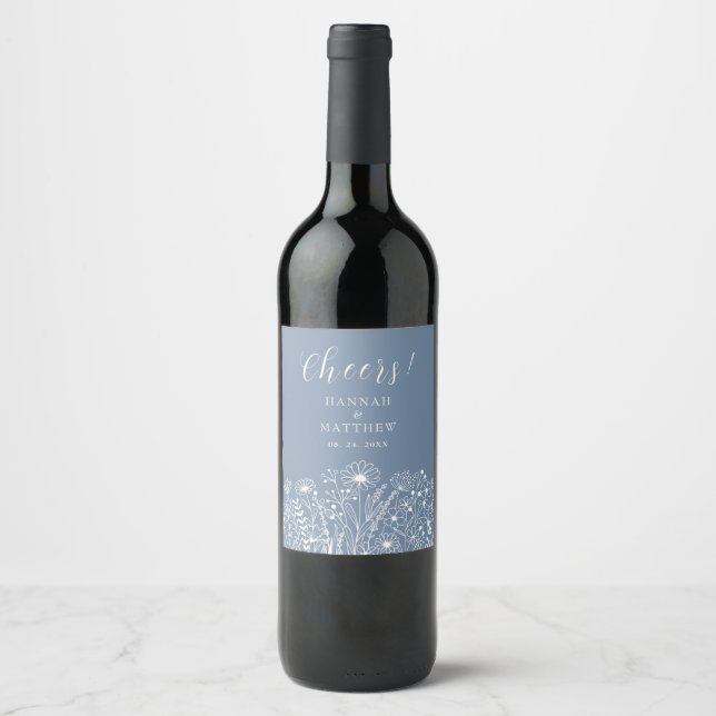 Wildflowers Dusty Blue Boho Wedding Wine Label (Front)