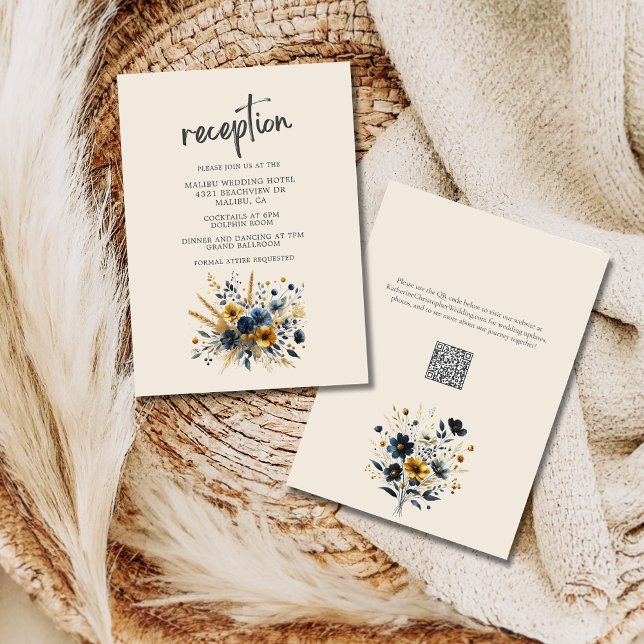 Wildflowers Elegant Beige Wedding Reception Enclosure Card (Watercolor Wildflowers Wedding Reception Enclosure Card with Blue and Yellow Wildflowers, QR Code.)