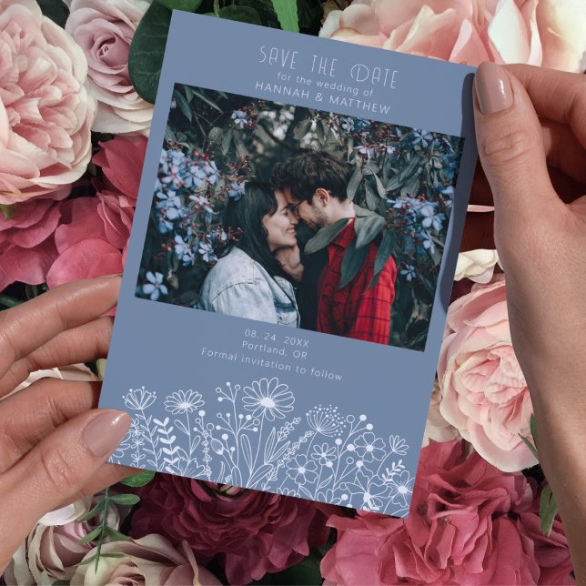 Wildflowers Elegant Dusty Blue Boho Photo Wedding Save The Date (Creator Uploaded)