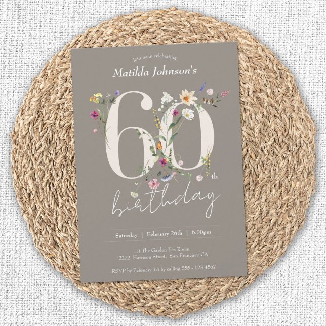 Wildflowers Elegant Floral 60th Birthday Invitation (60th Birthday Wildflowers Elegant Floral Invitation)