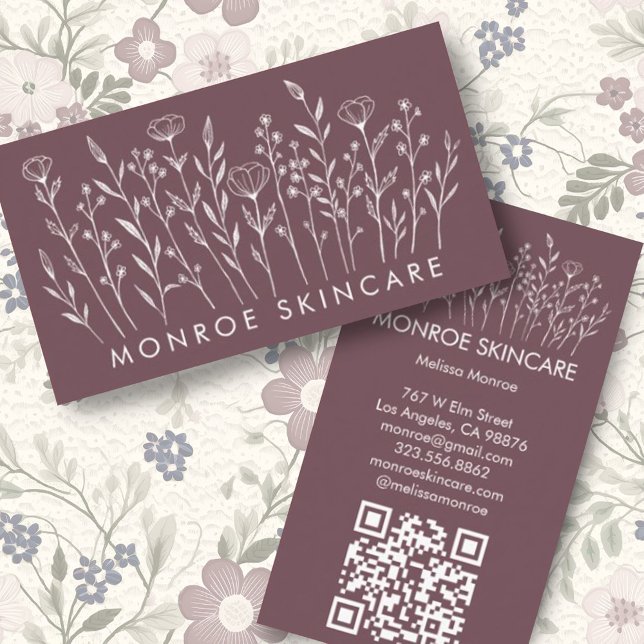 Wildflowers Elegant Line Art Chic Custom QR Code  Business Card (Lovely elegant floral line art decorates these custom business cards with QR codes)