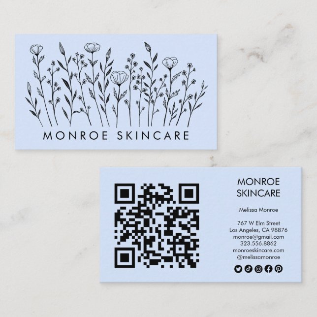 Wildflowers Elegant Line Art QR Code Social Icons Business Card (Front/Back)