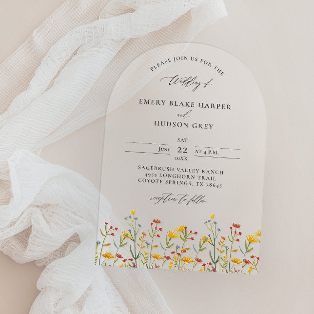 Wildflowers Elegant Modern Arch Clear Wedding Acrylic Invitations (clear wedding invitation acrylic boho arch wildflowers colorful happy garden modern calligraphy)