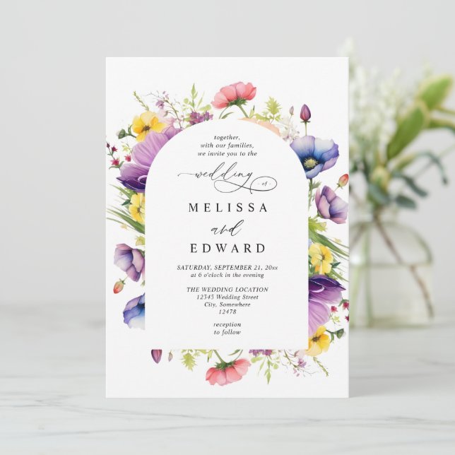 Wildflowers Elegant Modern Budget QR Code Wedding Invitation (Standing Front)