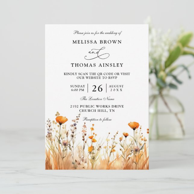 Wildflowers Elegant Modern Budget QR Code Wedding Invitation (Standing Front)