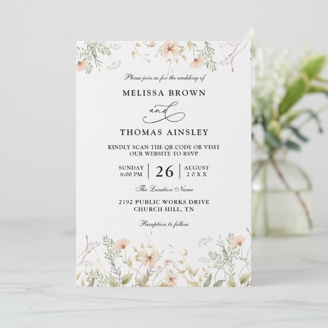 Wildflowers Elegant Modern Budget QR Code Wedding Invitation (Standing Front)