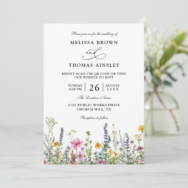 Wildflowers Elegant Modern Budget QR Code Wedding Invitation (Standing Front)