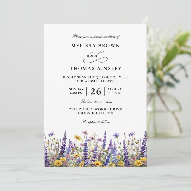 Wildflowers Elegant Modern Budget QR Code Wedding Invitation (Standing Front)